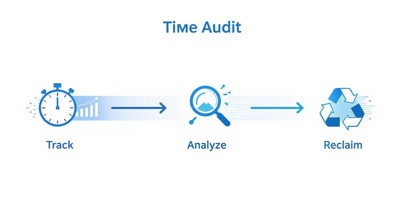A blue infographic detailing a time audit workflow: track, analyze, and reclaim lost time.