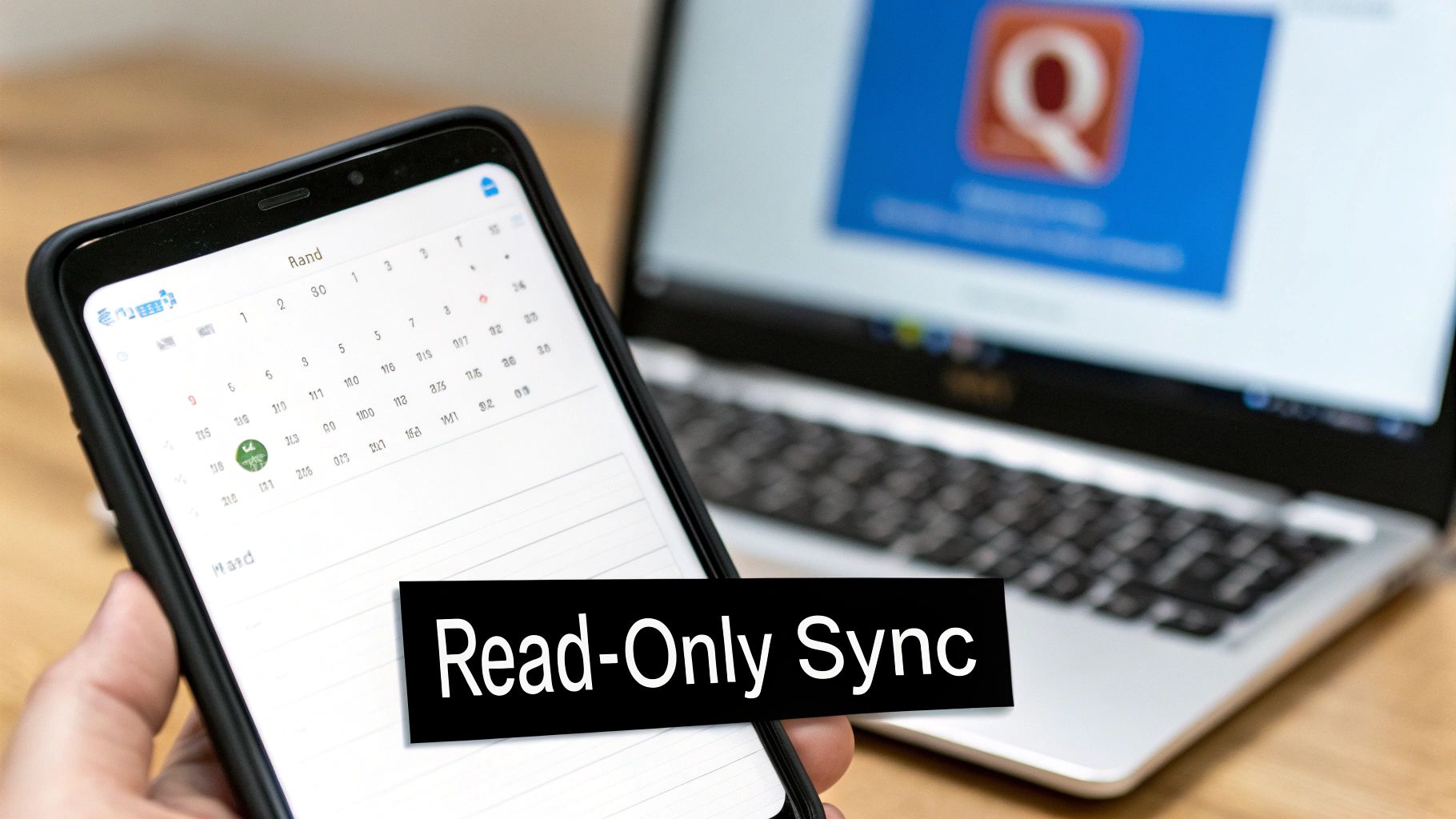 A person holds a smartphone displaying a calendar app with 'Read-Only Sync' overlay, next to a laptop.