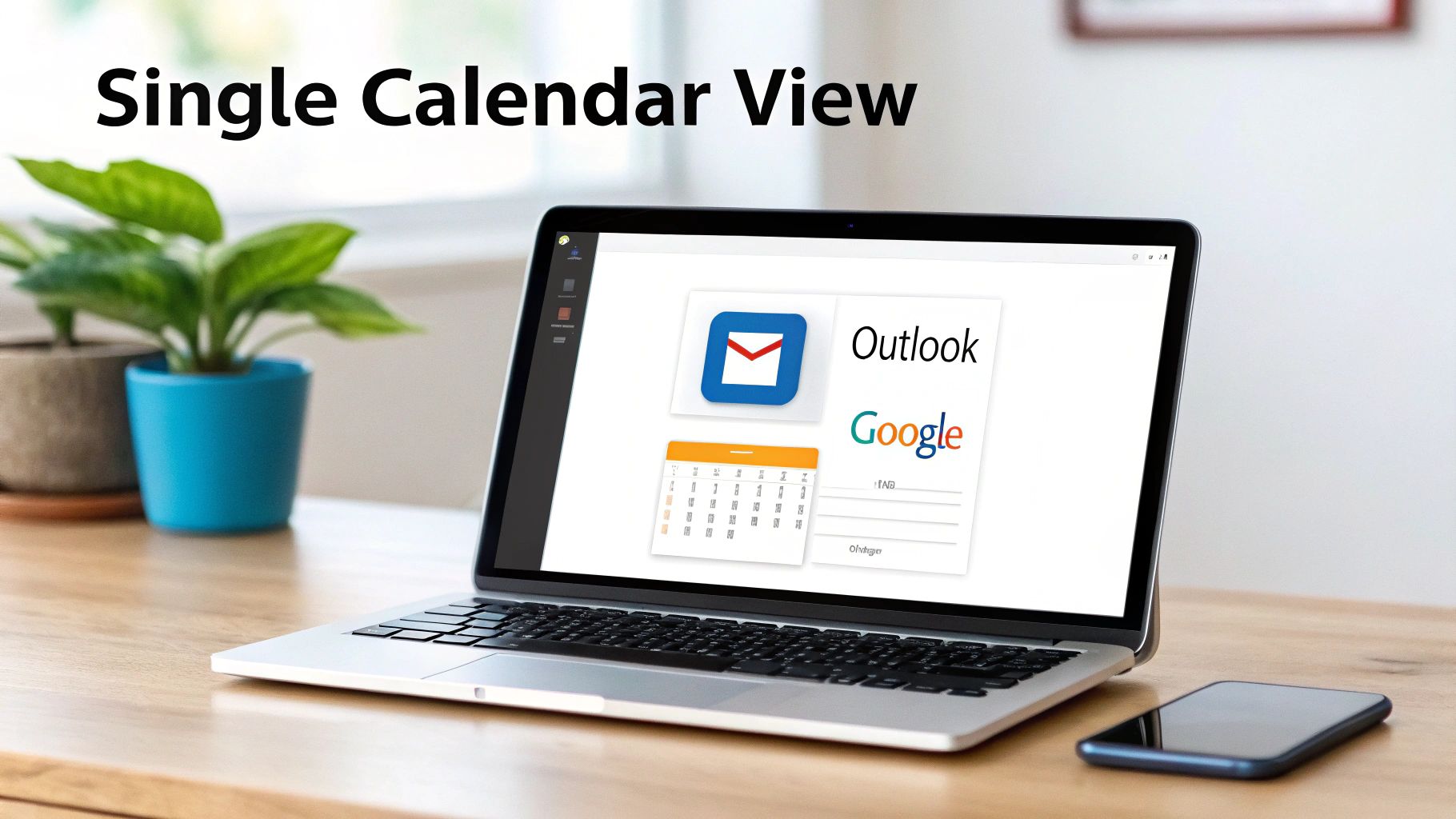 Laptop displaying a single calendar view with Outlook and Google integration, sitting on a wooden desk.
