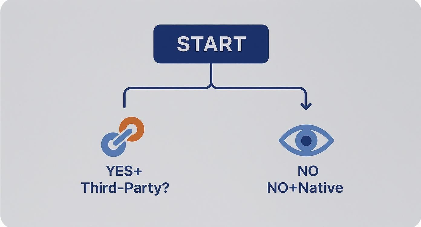 Decision tree diagram illustrating choices between third-party integration with a link icon and native solutions with an eye icon.