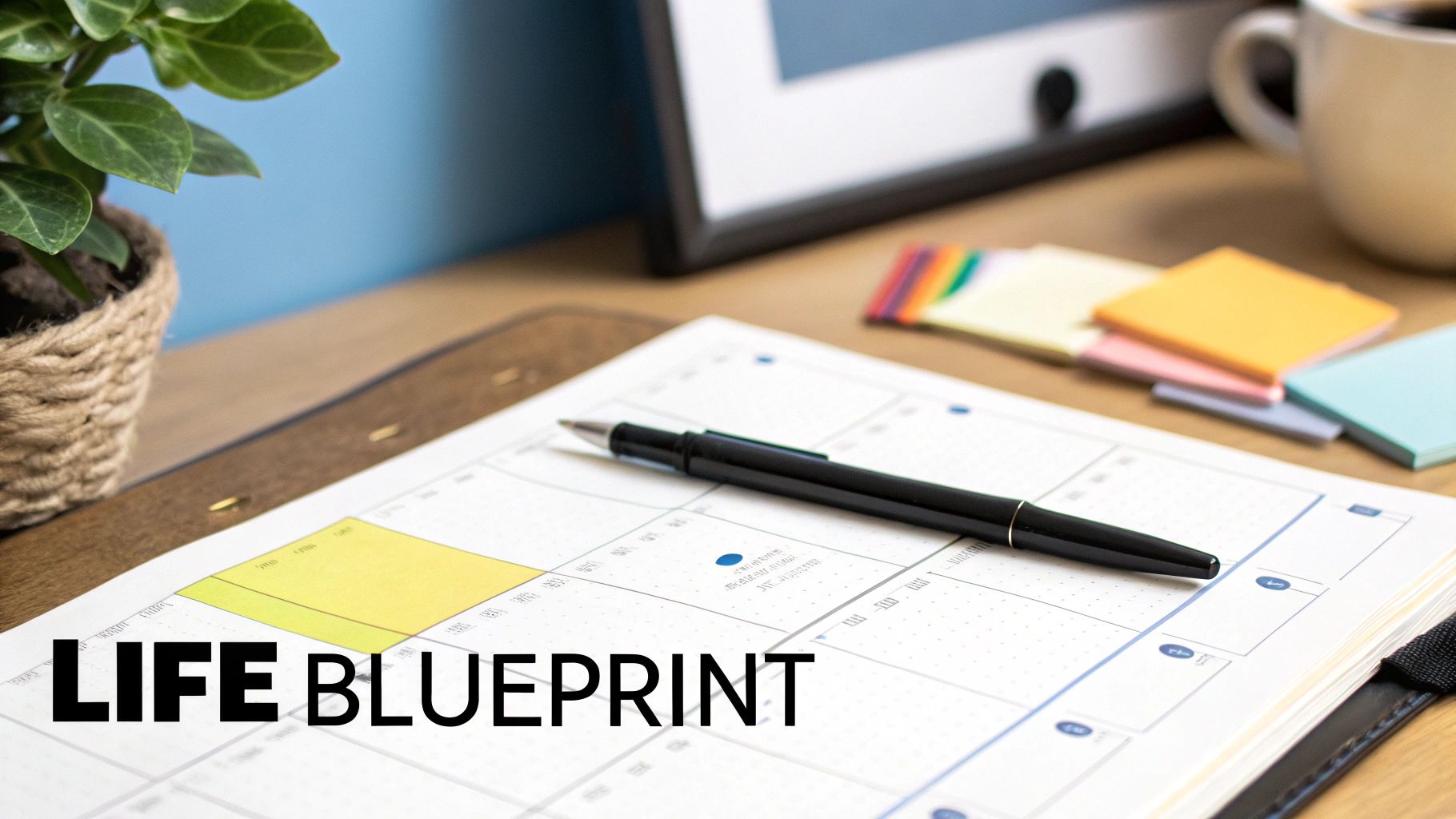 Overhead view of a workspace with an open planner, pen, sticky notes, and a plant, titled 'LIFE BLUEPRINT'.
