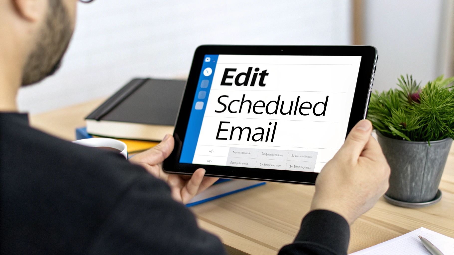 A person pointing at a laptop screen, symbolising editing a scheduled email.