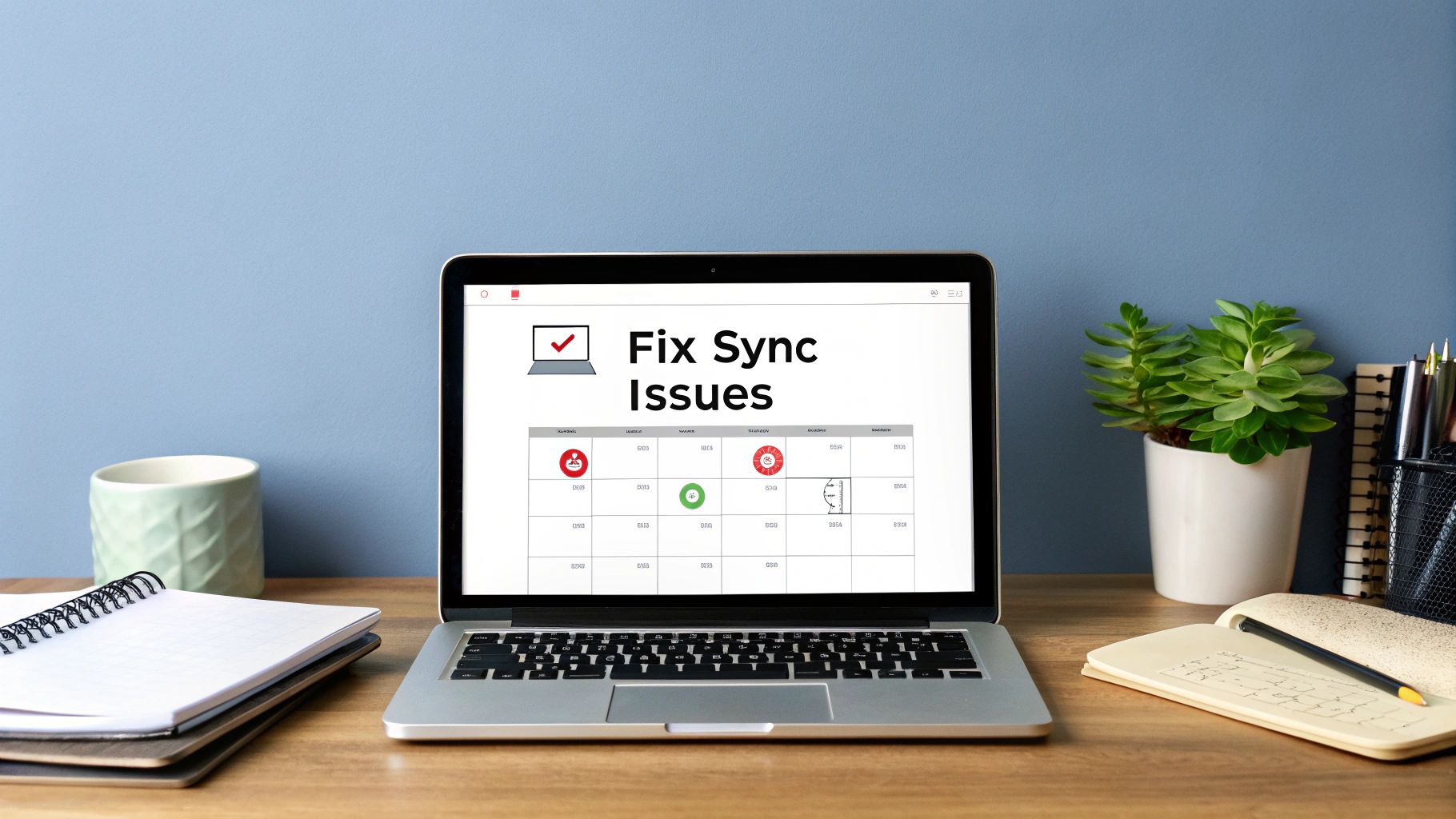 Laptop displaying 'Fix Sync Issues' on a calendar, surrounded by office supplies on a desk.
