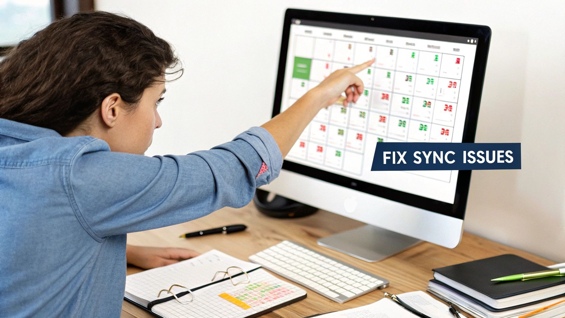 A person points at a digital calendar on a computer screen, working to fix synchronization problems.