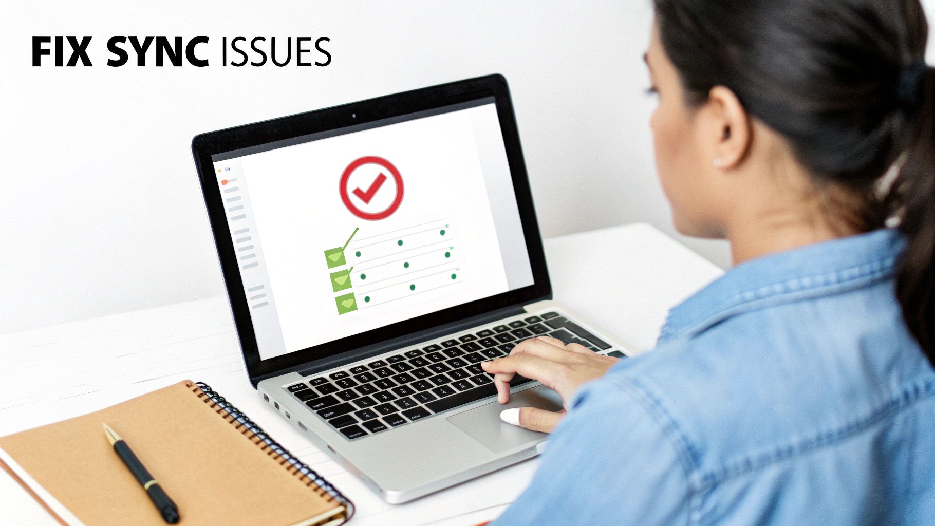 Woman using laptop to fix synchronization issues with calendar application displaying checkmark confirmation