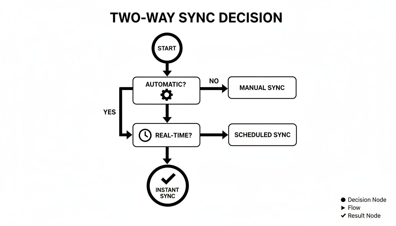 Flowchart illustrating a two-way sync decision process, outlining automatic, real-time, manual, scheduled, and instant synchronization options.