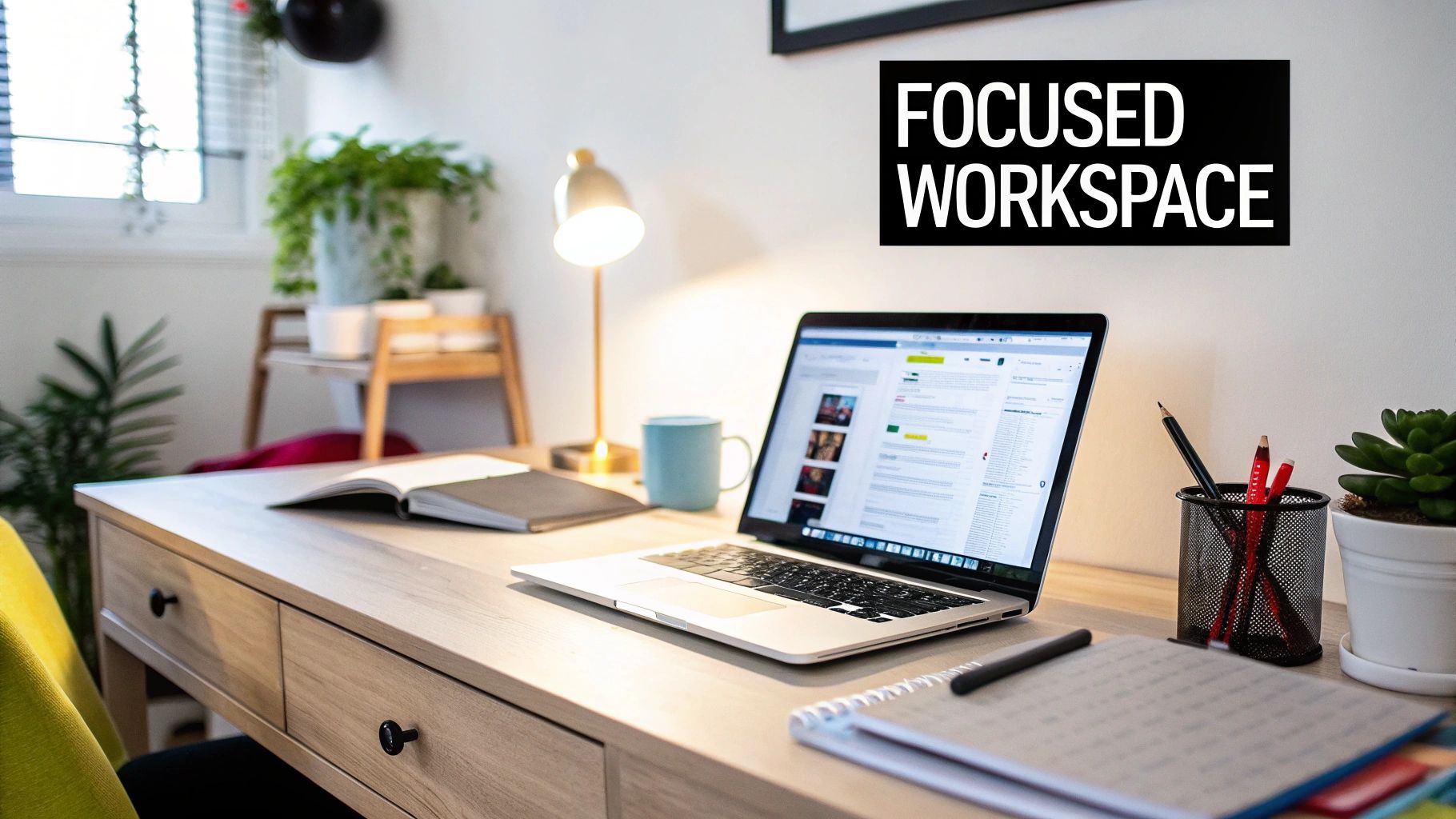 A bright, modern home office workspace with a laptop, desk lamp, notebook, and plants, promoting focus.