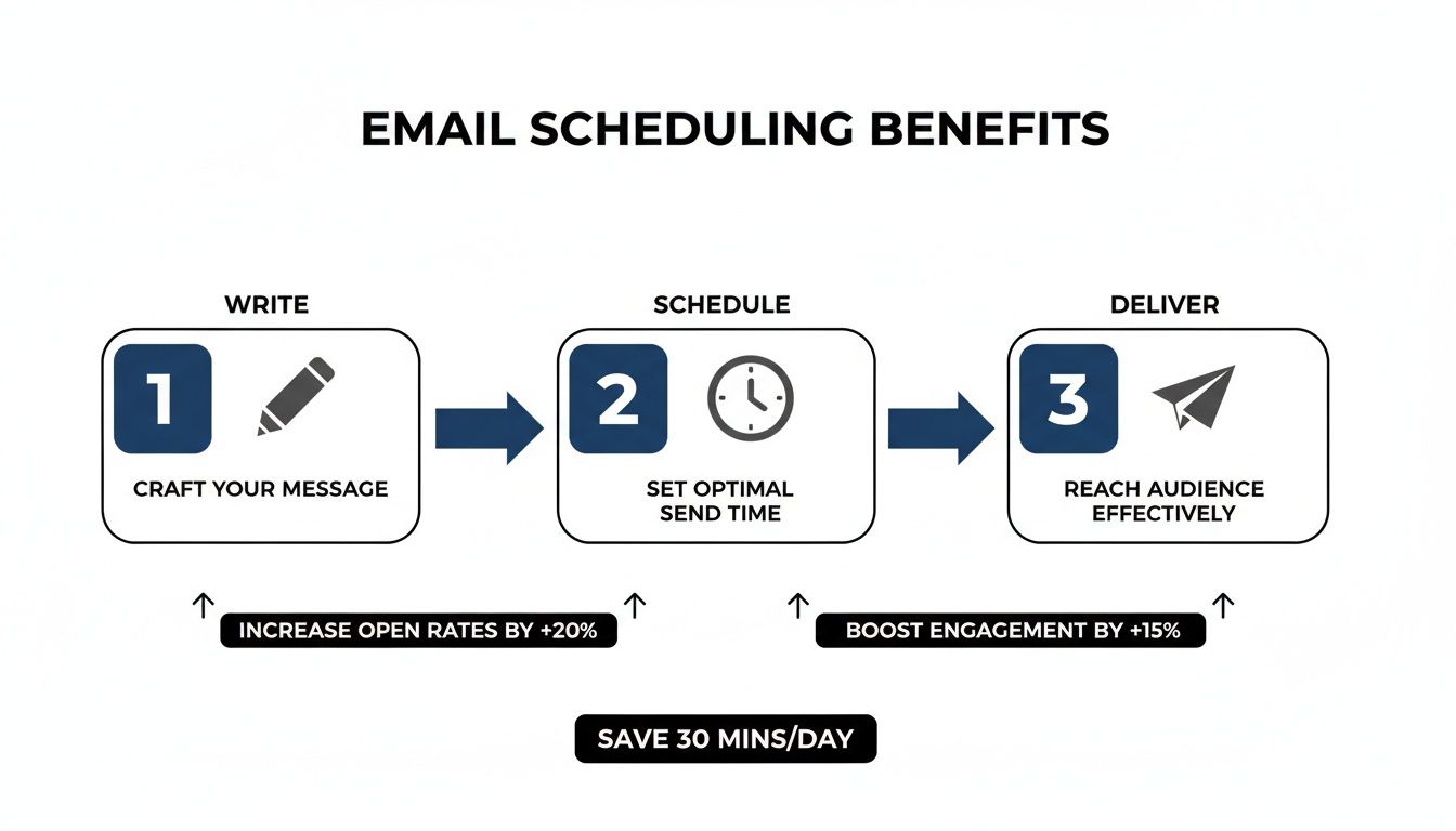 Infographic detailing three steps to email scheduling: write, schedule, deliver, highlighting benefits like increased engagement.