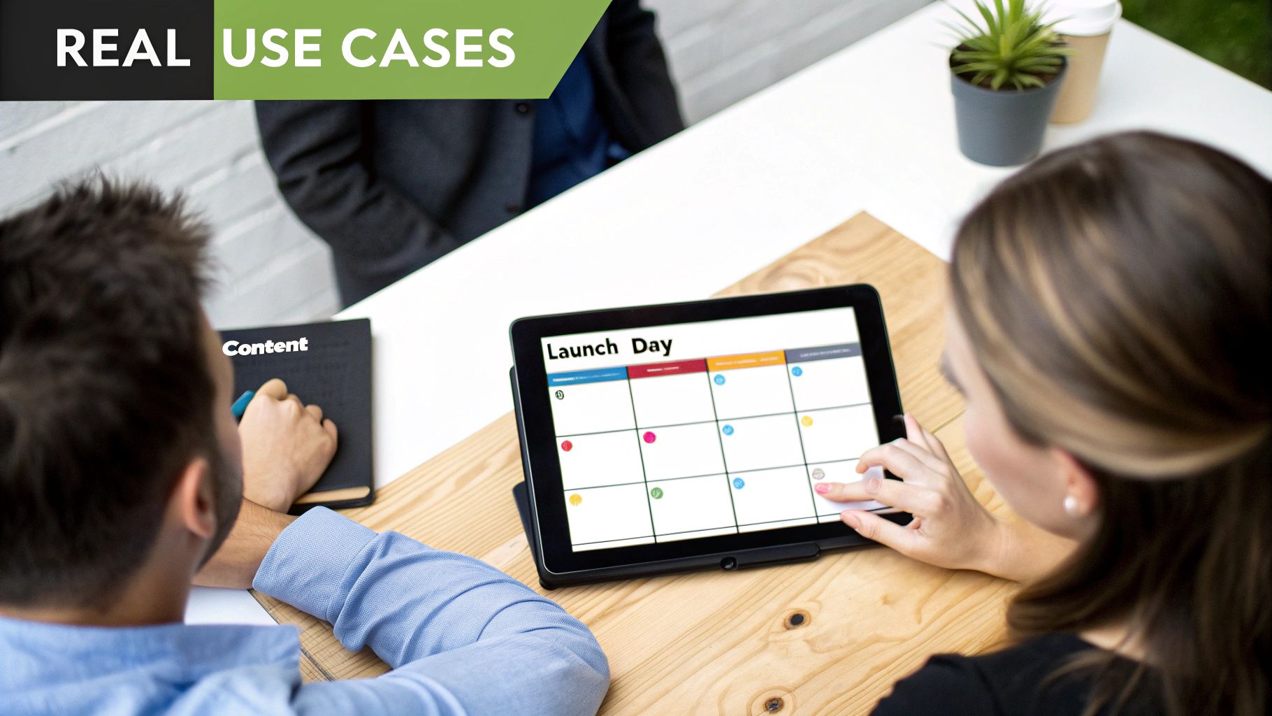 Business professionals collaborating on a project, viewing a 'Launch Day' planner on a tablet and a 'Content' notebook.