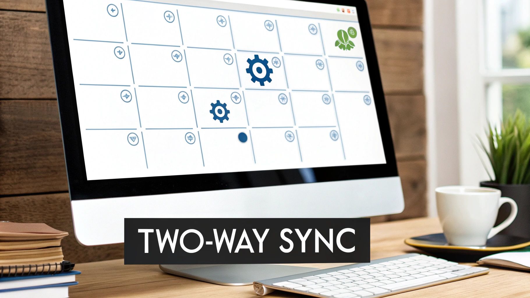 A computer screen displays a calendar application with gear icons and 'TWO-WAY SYNC' text, sitting on a wooden desk.