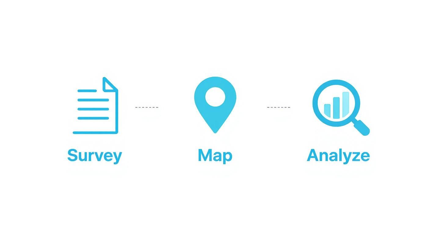 A three-step process workflow depicted with icons and text: Survey, Map, and Analyze.