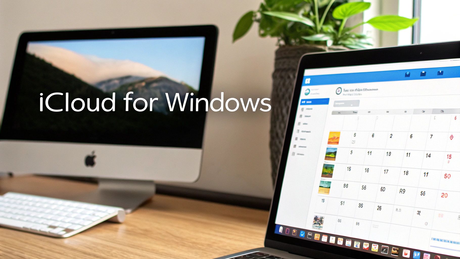 iMac and laptop on a desk, with 'iCloud for Windows' text and a calendar app.