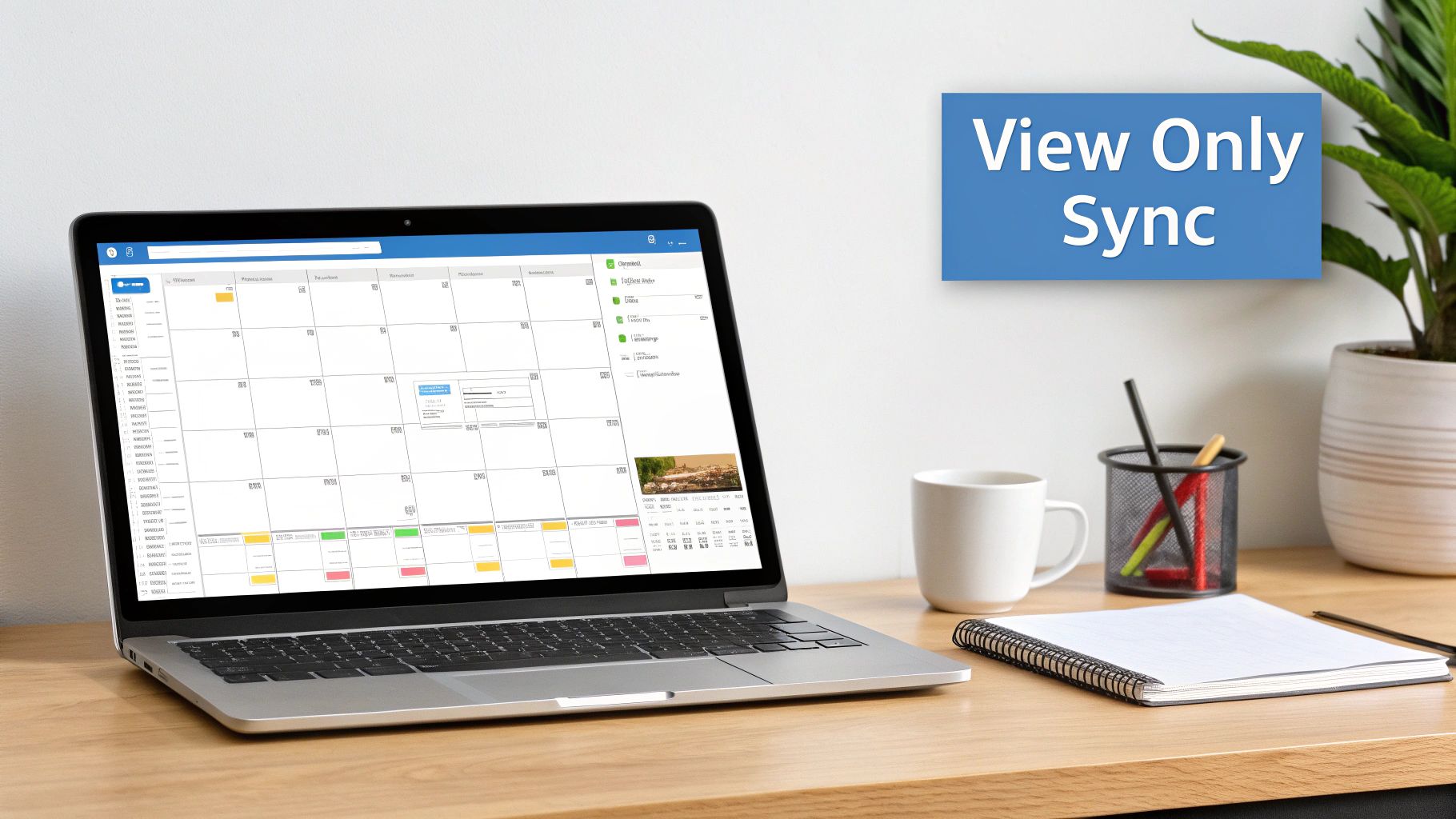 A laptop displaying a calendar application on a wooden desk with a white mug, pens, and a 'View Only Sync' sign.