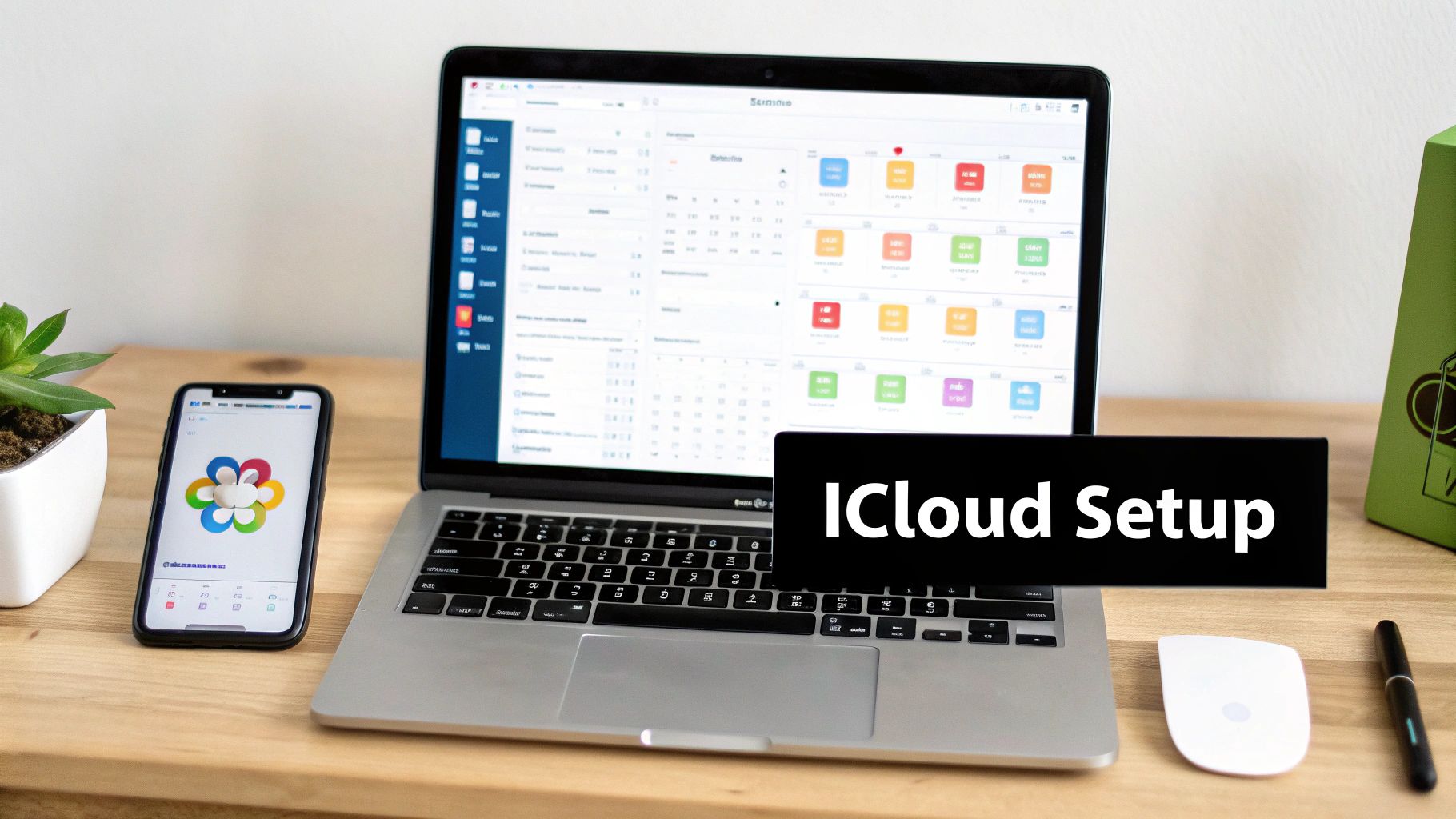 Screenshot of the iCloud for Windows app main screen showing sync options for Photos, Bookmarks, Passwords, and Mail, Contacts, and Calendars.