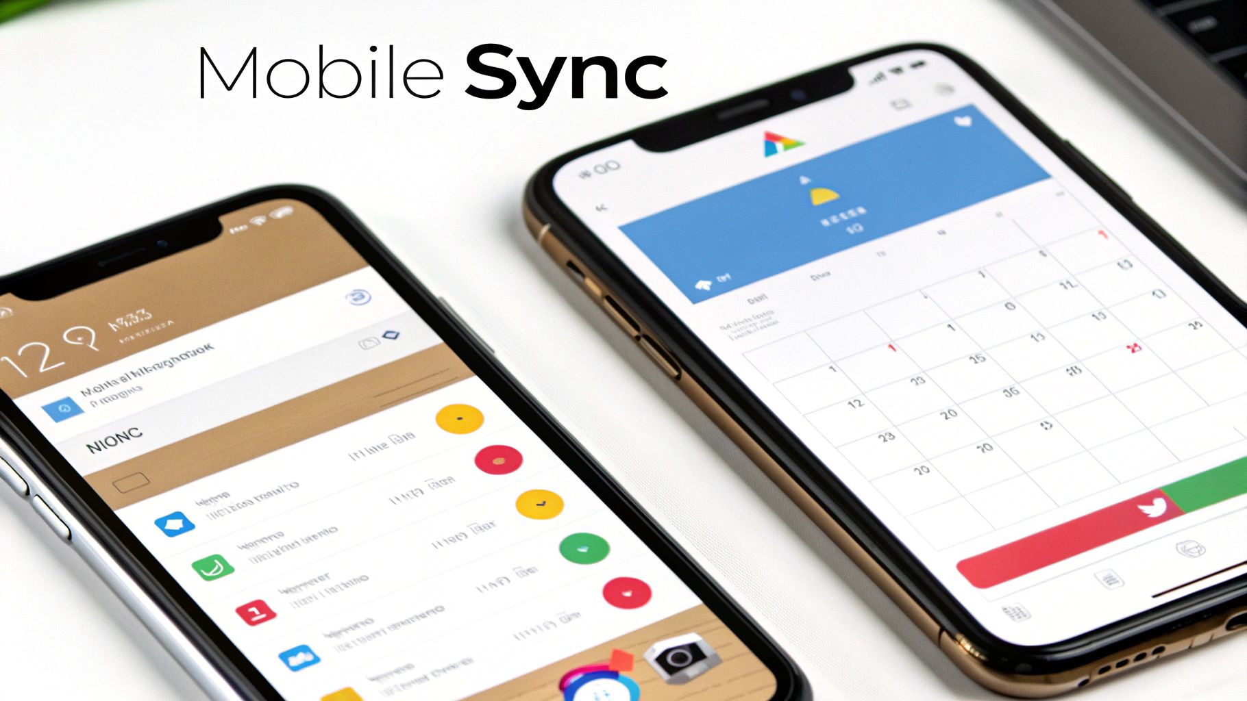 Two smartphones displaying mobile sync capabilities with calendar and task management apps side by side