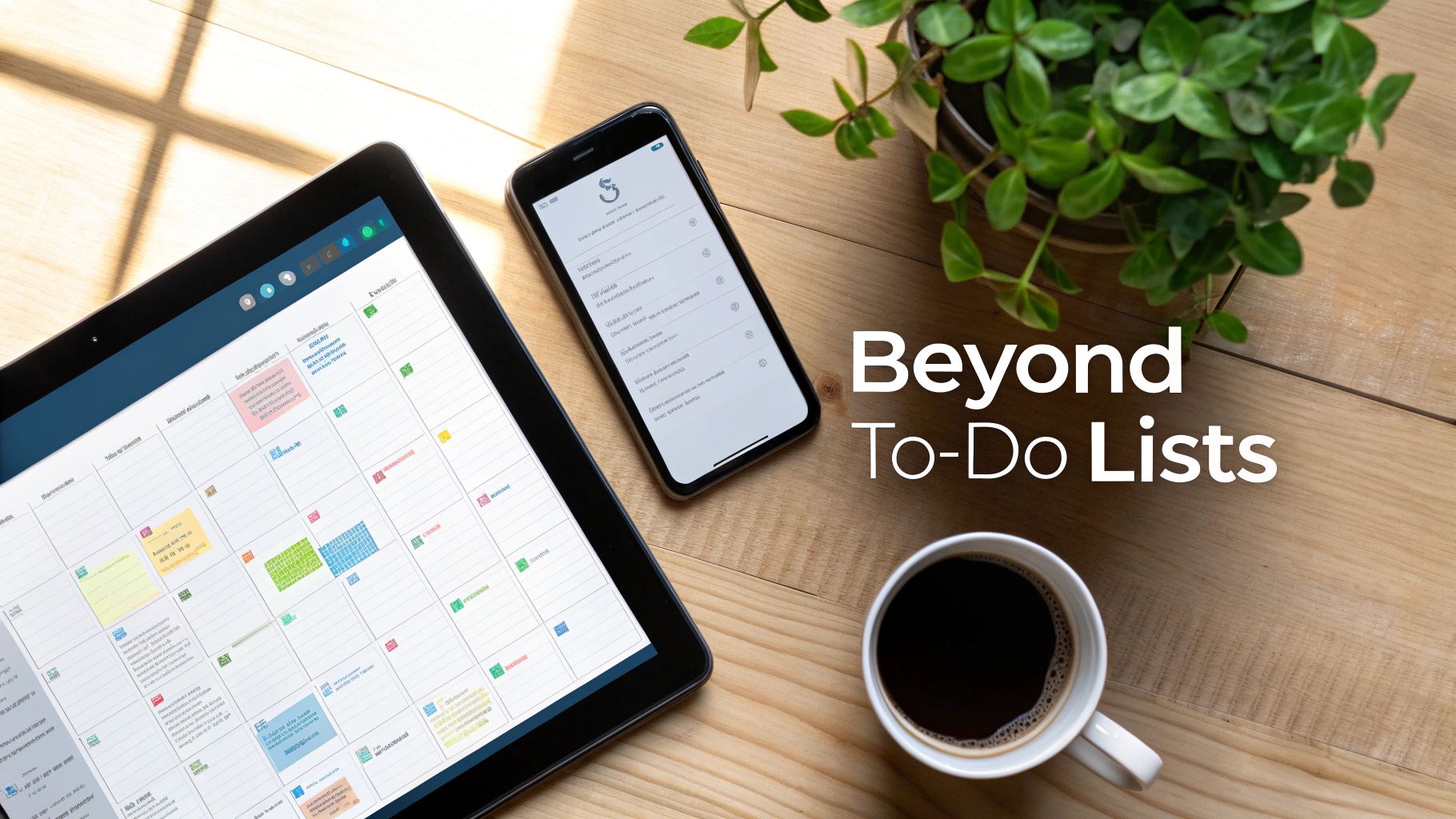 A person using a daily planner app on their phone with a laptop and coffee nearby