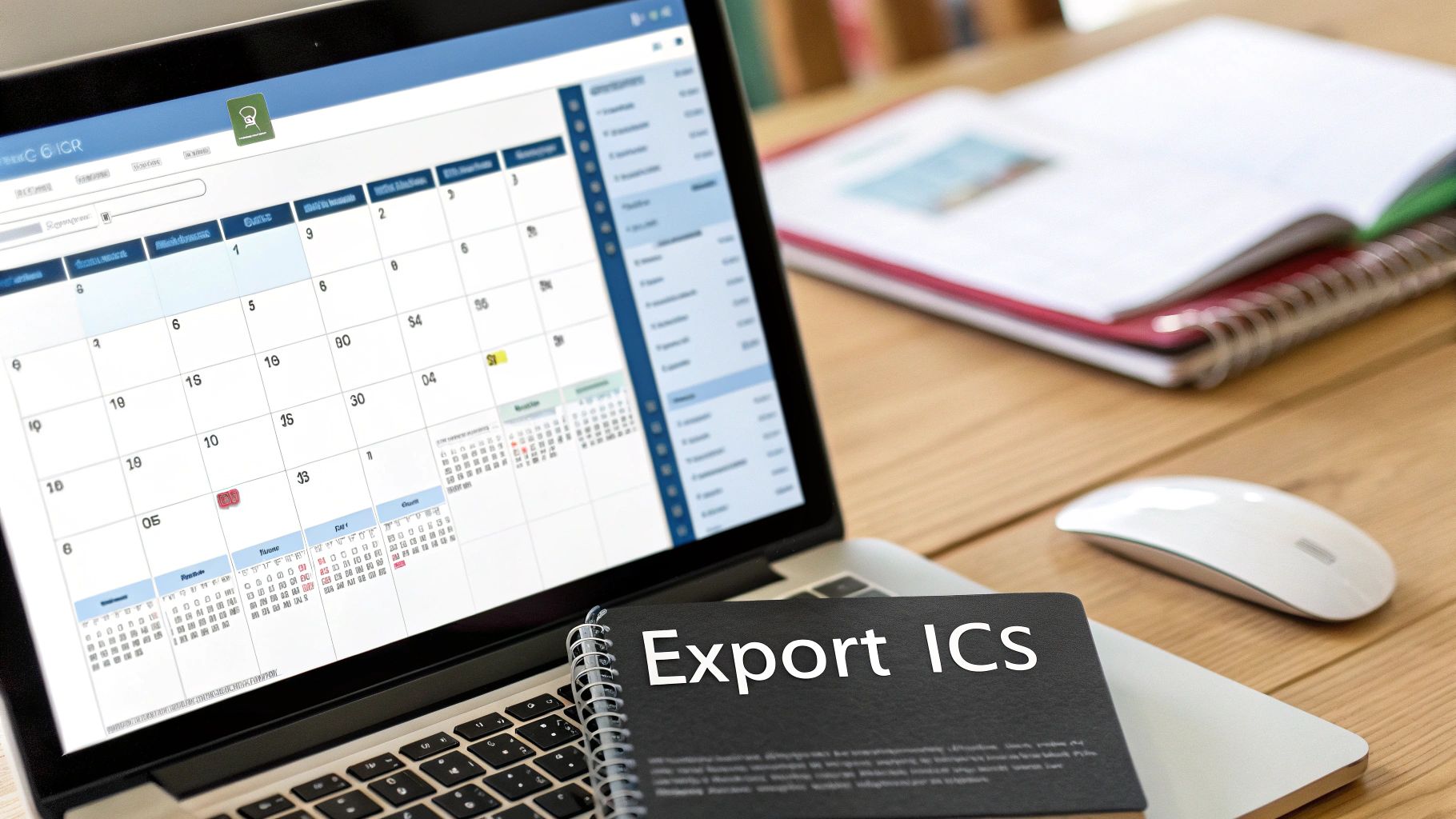 A laptop displays a digital calendar application, with a notebook labeled 'Export ICS' and a mouse on a wooden desk.