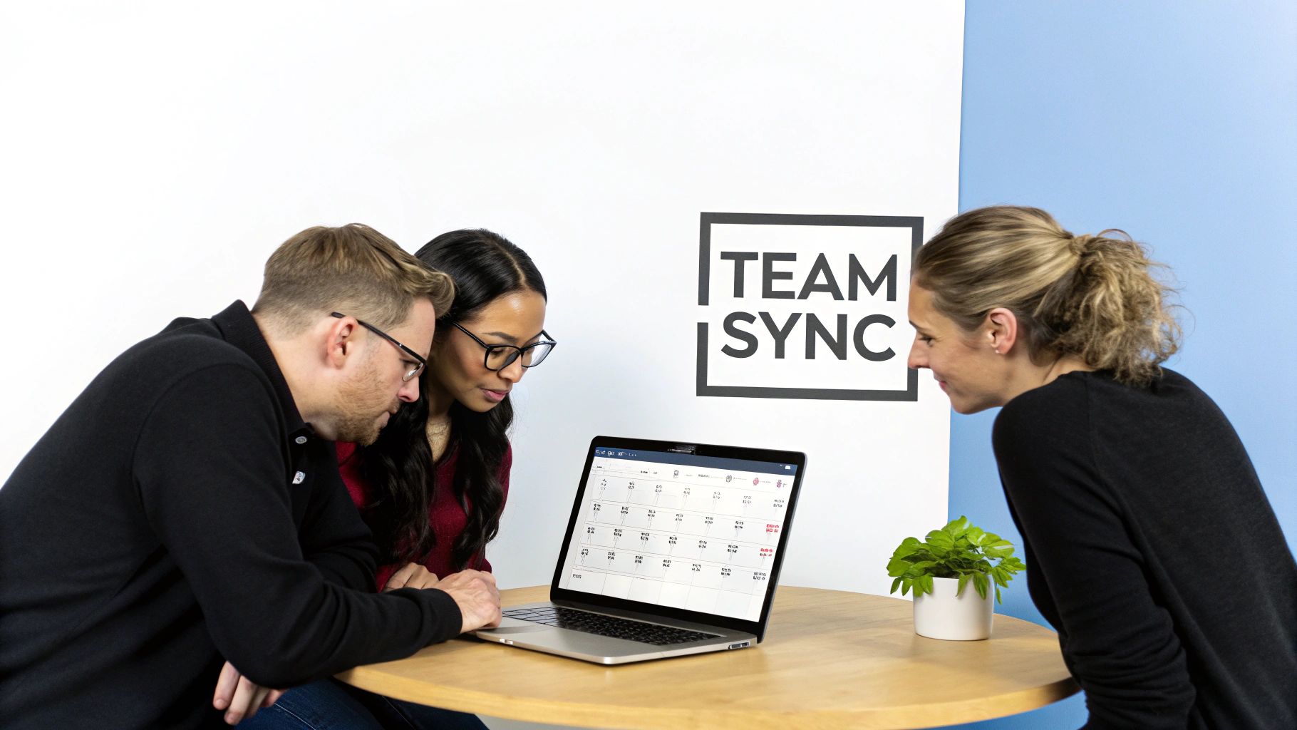 A person managing multiple colour-coded calendars on a large screen, representing efficient team coordination.