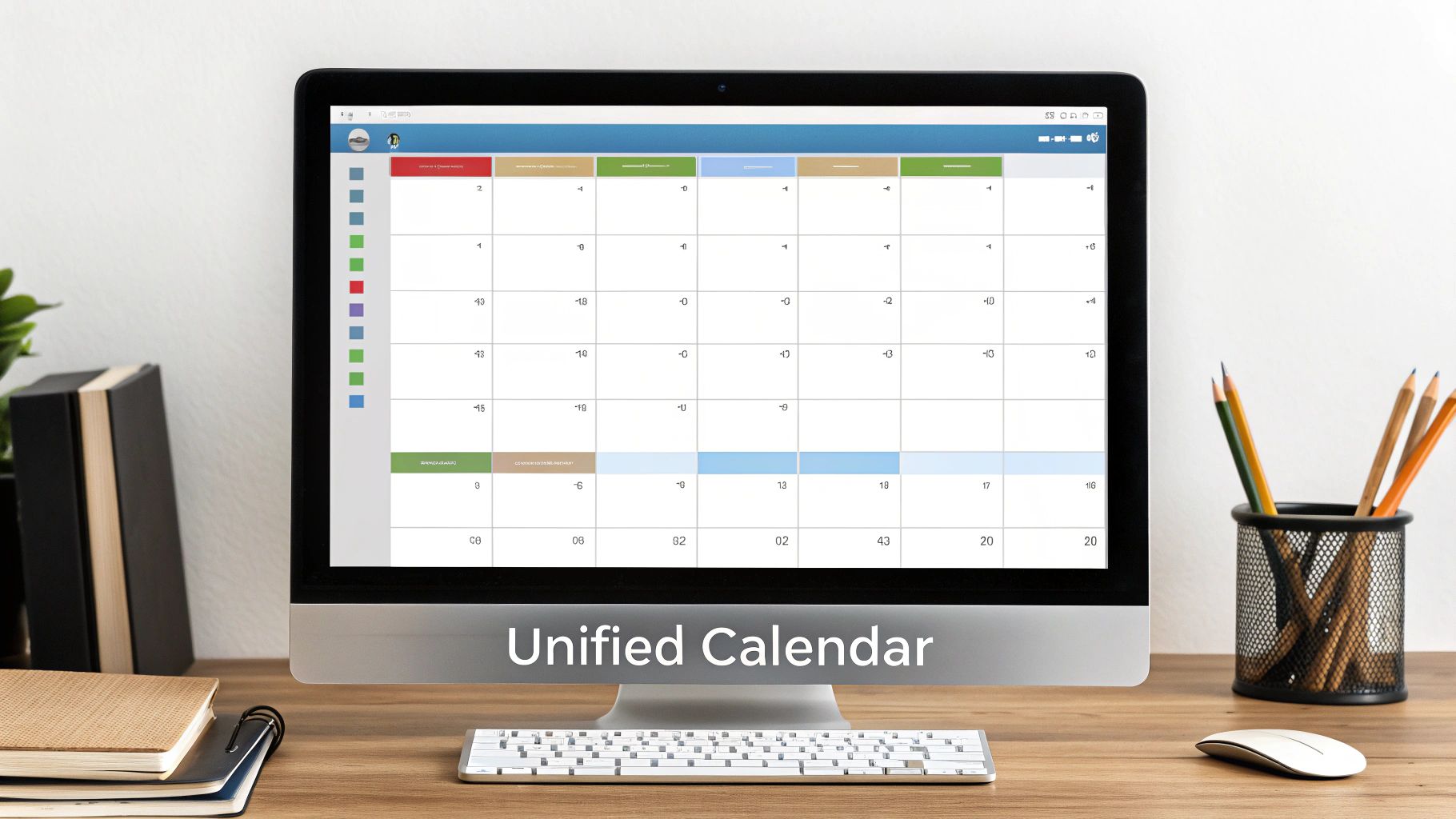 A clean, unified calendar interface from Calendar0 is shown on a laptop, illustrating its simplicity.