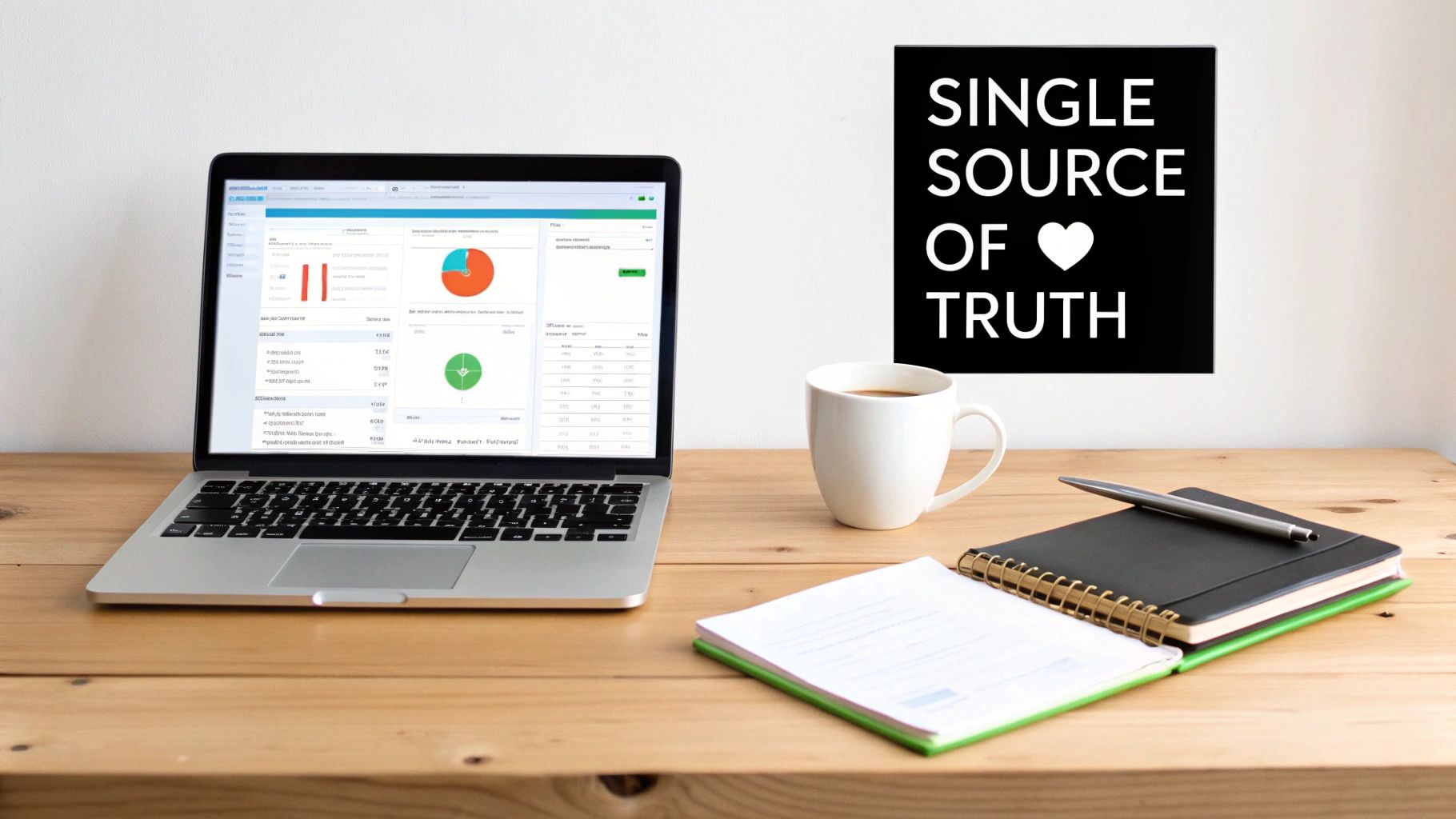 Modern workspace with a laptop displaying charts, coffee, and notebooks, under a 'Single Source of Truth' sign.