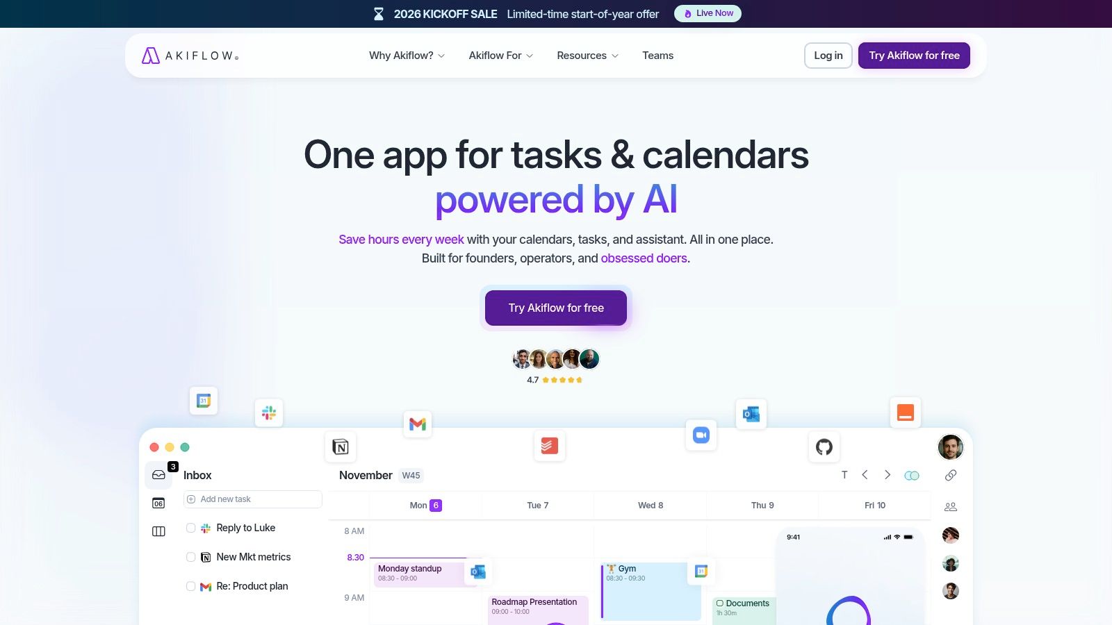 Akiflow's interface showing a unified inbox and calendar for time blocking