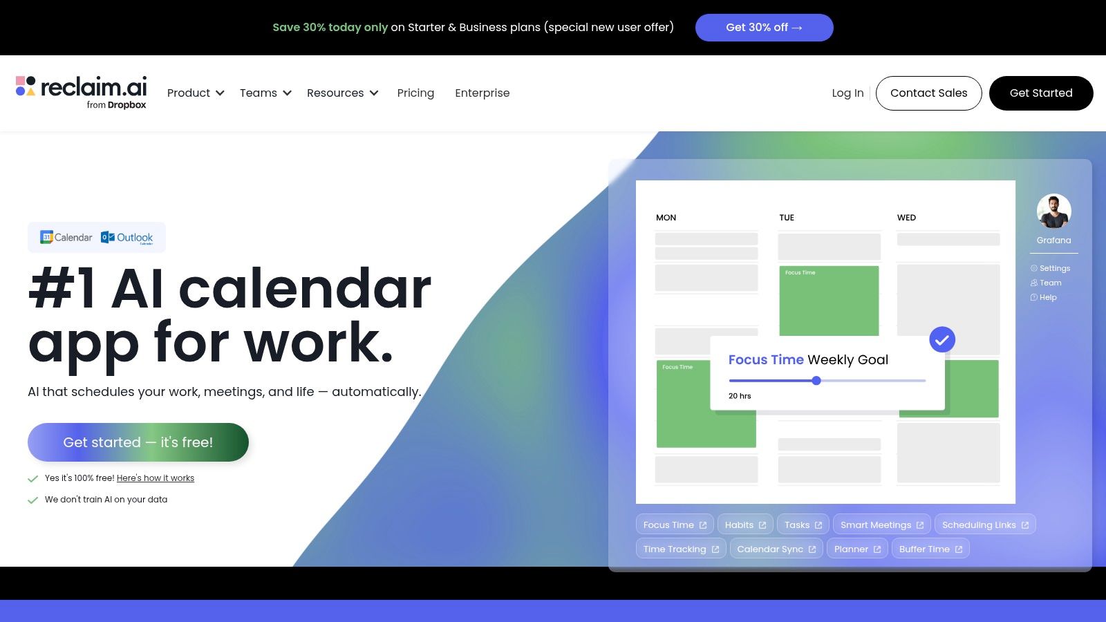 Reclaim's interface showing tasks and habits blocked out on a calendar