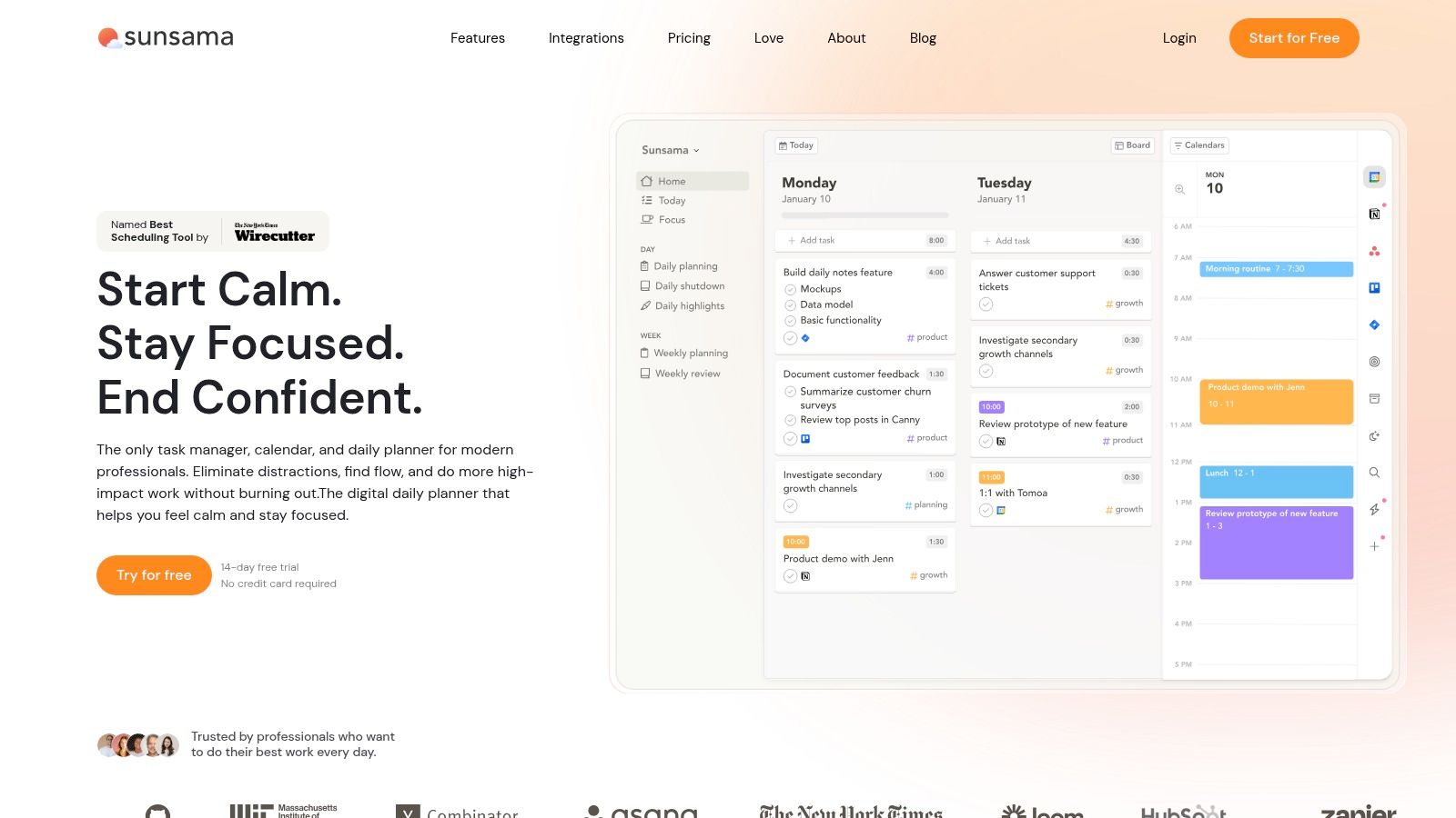 Sunsama's interface for daily planning and task allocation