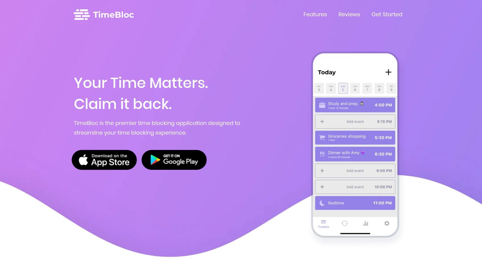 TimeBloc's mobile interface showing a clear, timeline-based daily schedule