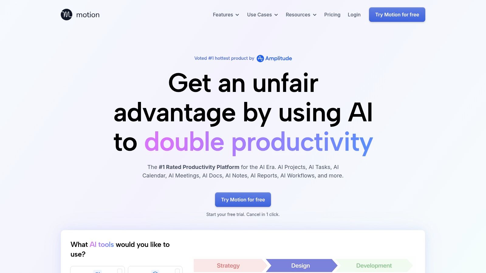 Motion's AI-driven interface automatically schedules tasks into a calendar view