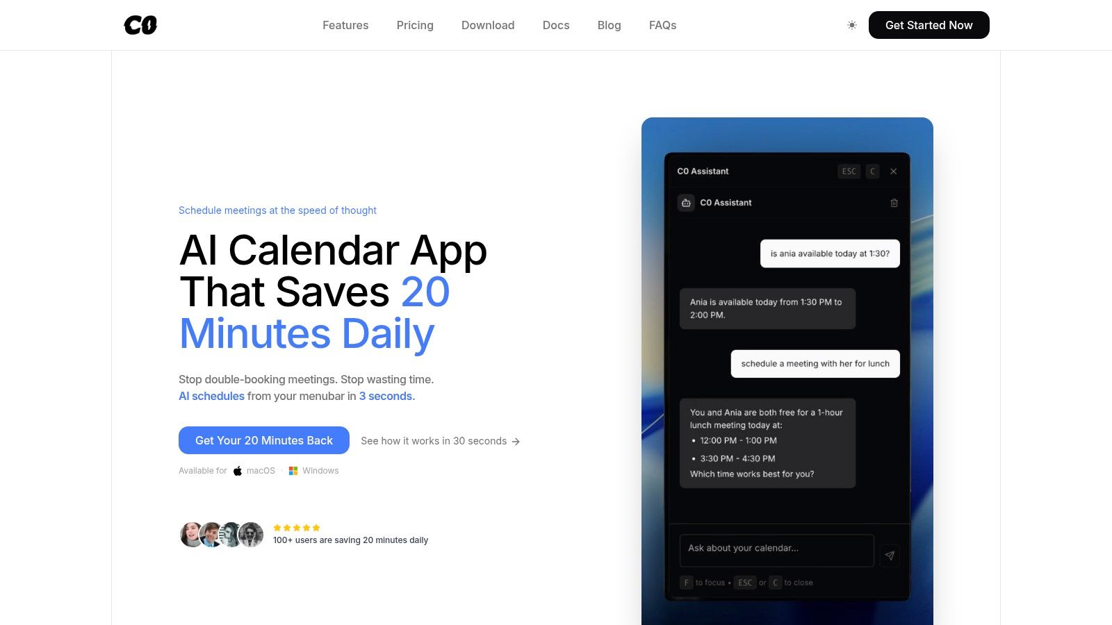 AI-powered time blocking in the Calendar0 app.