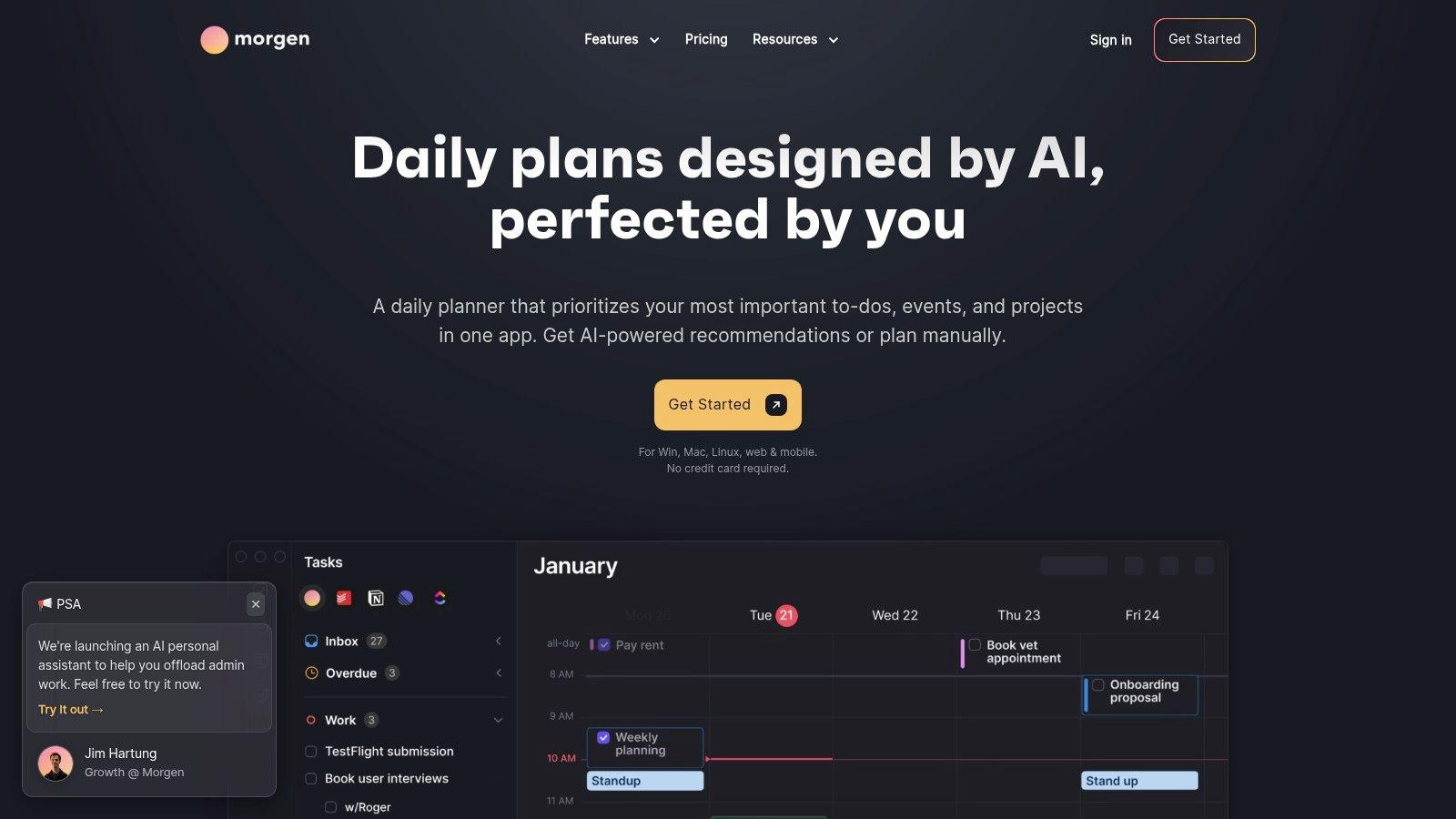 Morgen's unified interface showing calendars and tasks side-by-side