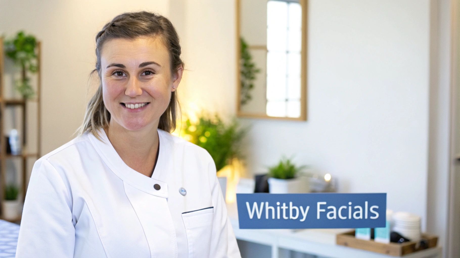 A serene beauty studio setting with skincare products neatly arranged on a shelf.