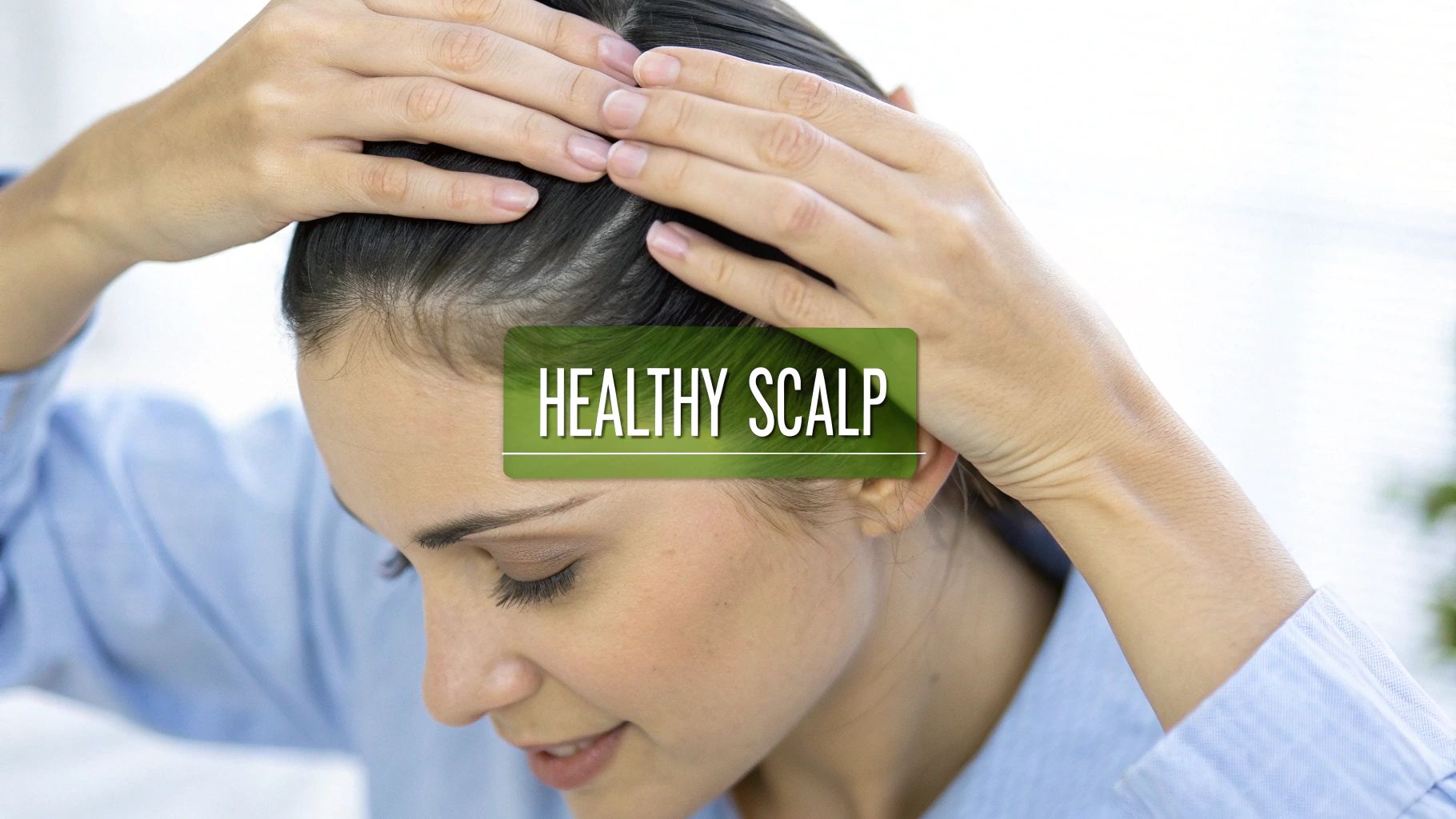 Woman examining healthy scalp with both hands running through dark hair for hair growth treatment