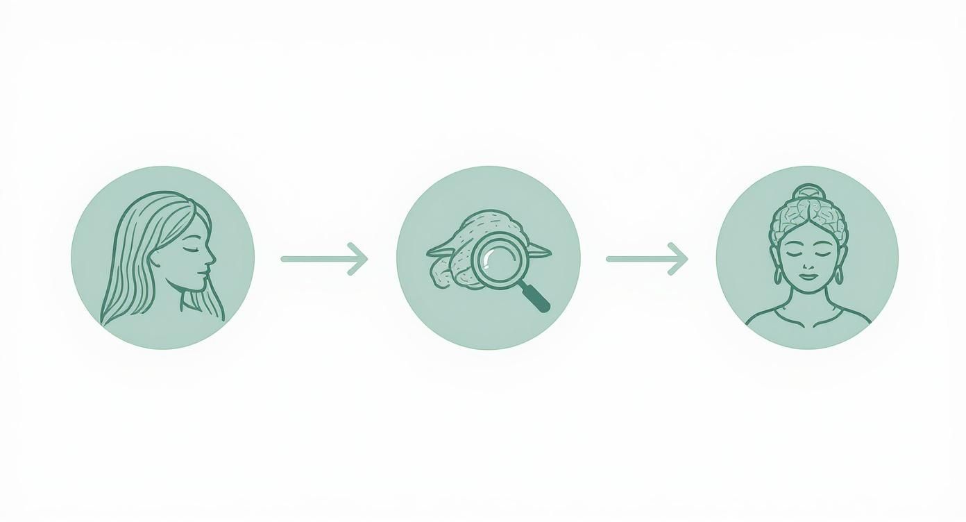 Infographic showing the flow of head spa benefits from shiny hair, to a healthy scalp, to a calm mind.