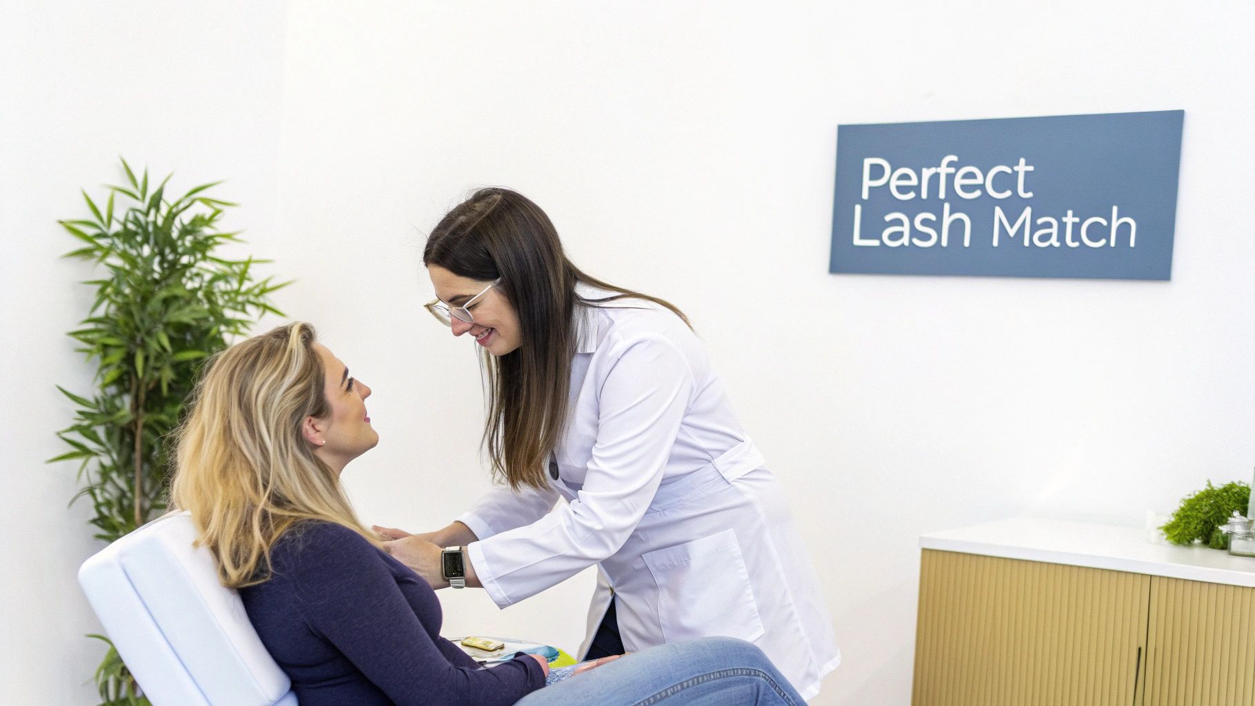 An esthetician carefully applying a treatment to a client's eyelashes in a bright, clean beauty studio.
