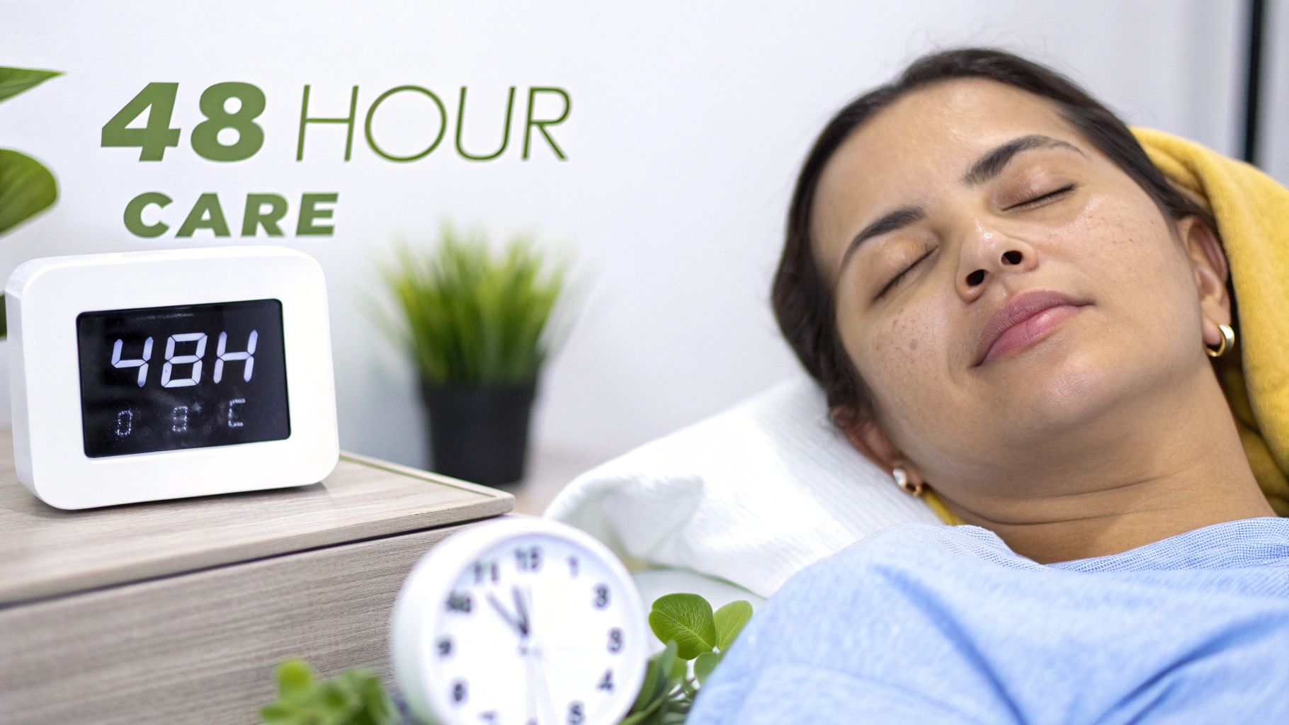 A woman sleeps peacefully with eyes closed, next to a a clock displaying '48H' and '48 HOUR CARE' text.