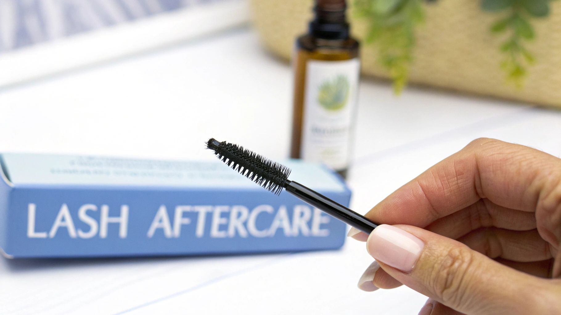 A close-up of a woman's eye with perfectly brushed, long lash extensions
