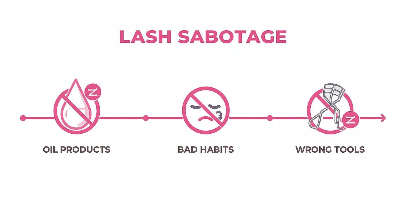 Diagram illustrating three common causes of lash damage: oil products, bad habits, and wrong tools.