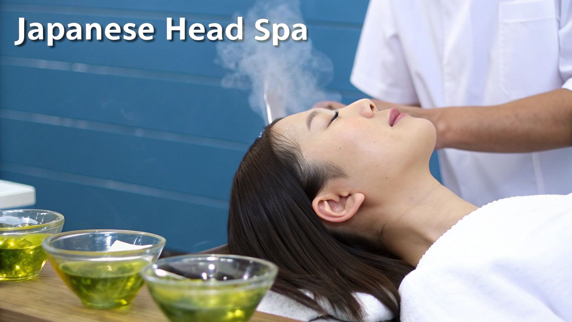 A serene head spa treatment in progress, with a client relaxing comfortably.