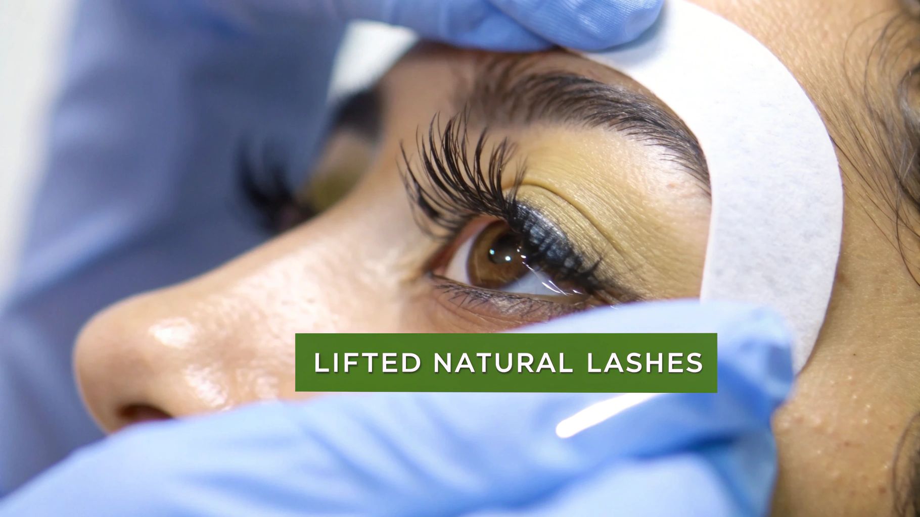A close-up of beautifully curled and lifted natural eyelashes after a lash lift treatment.