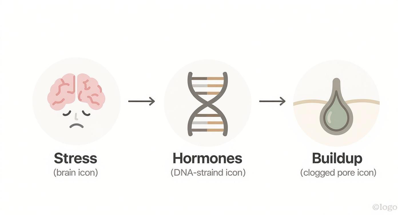 Diagram showing stress triggering hormonal changes leading to clogged pores and scalp buildup