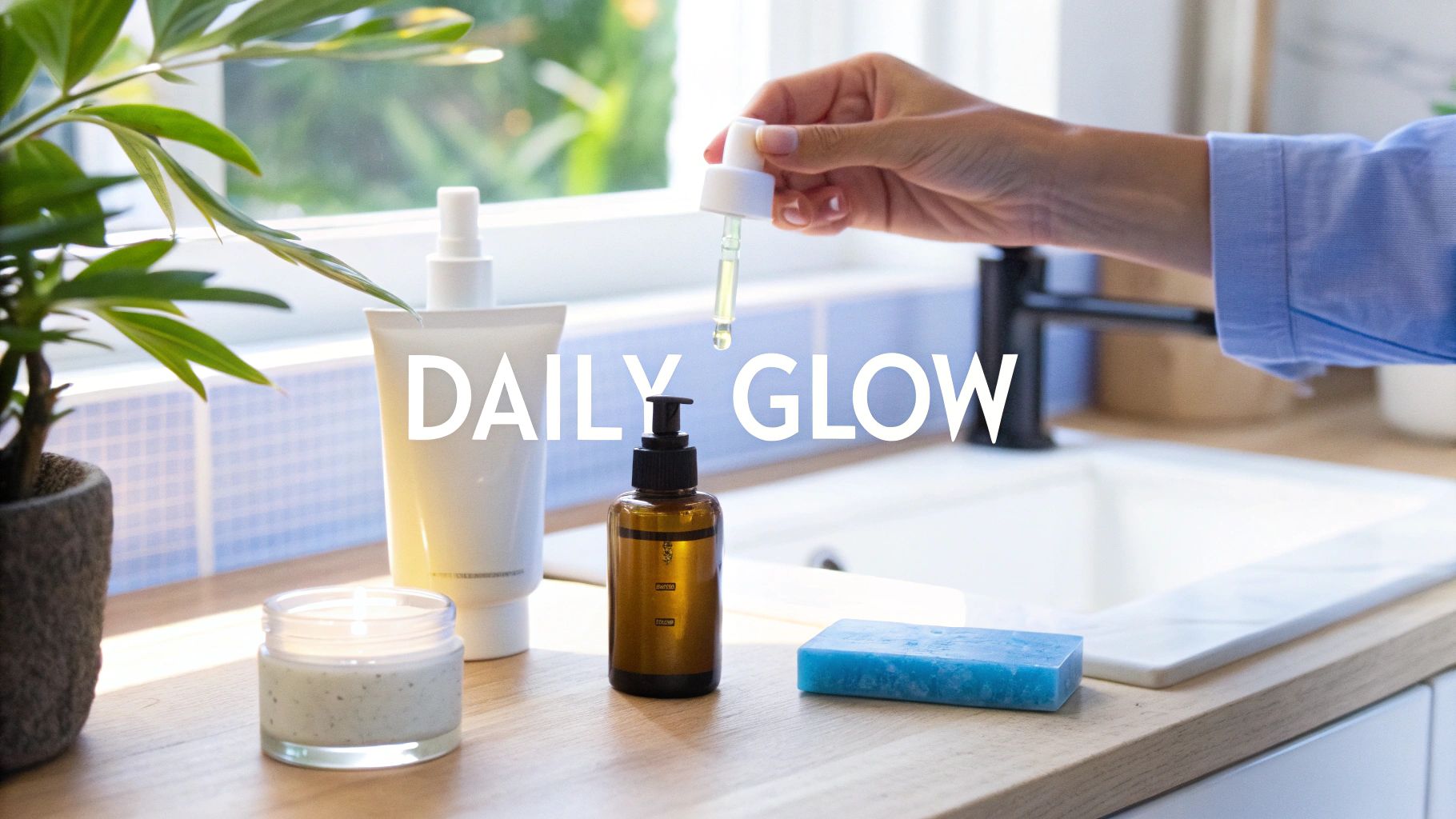 A hand dispenses serum from a dropper bottle among various skincare products on a modern bathroom counter.