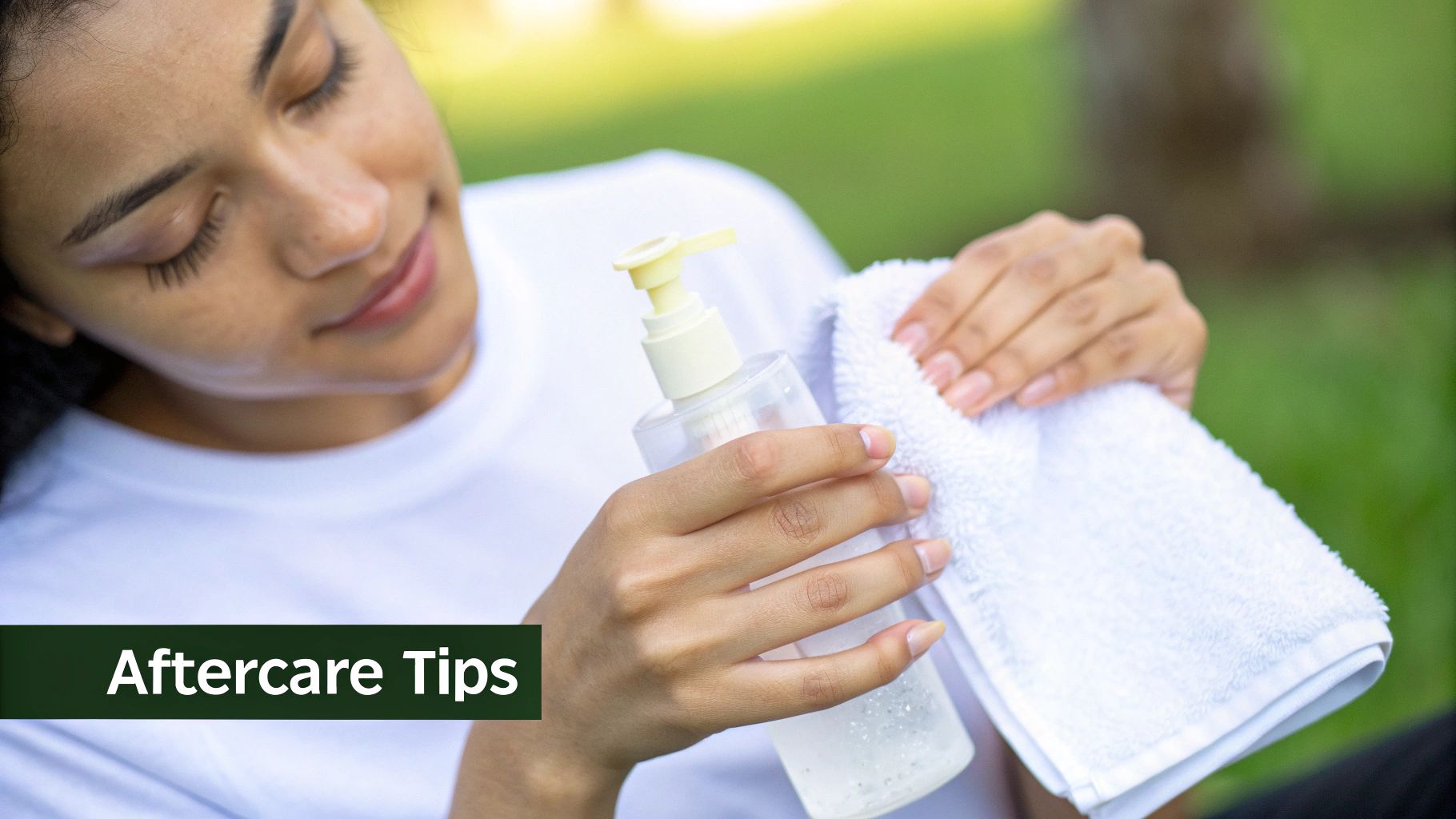 A woman with perfectly lifted lashes smiling softly with her eyes closed.