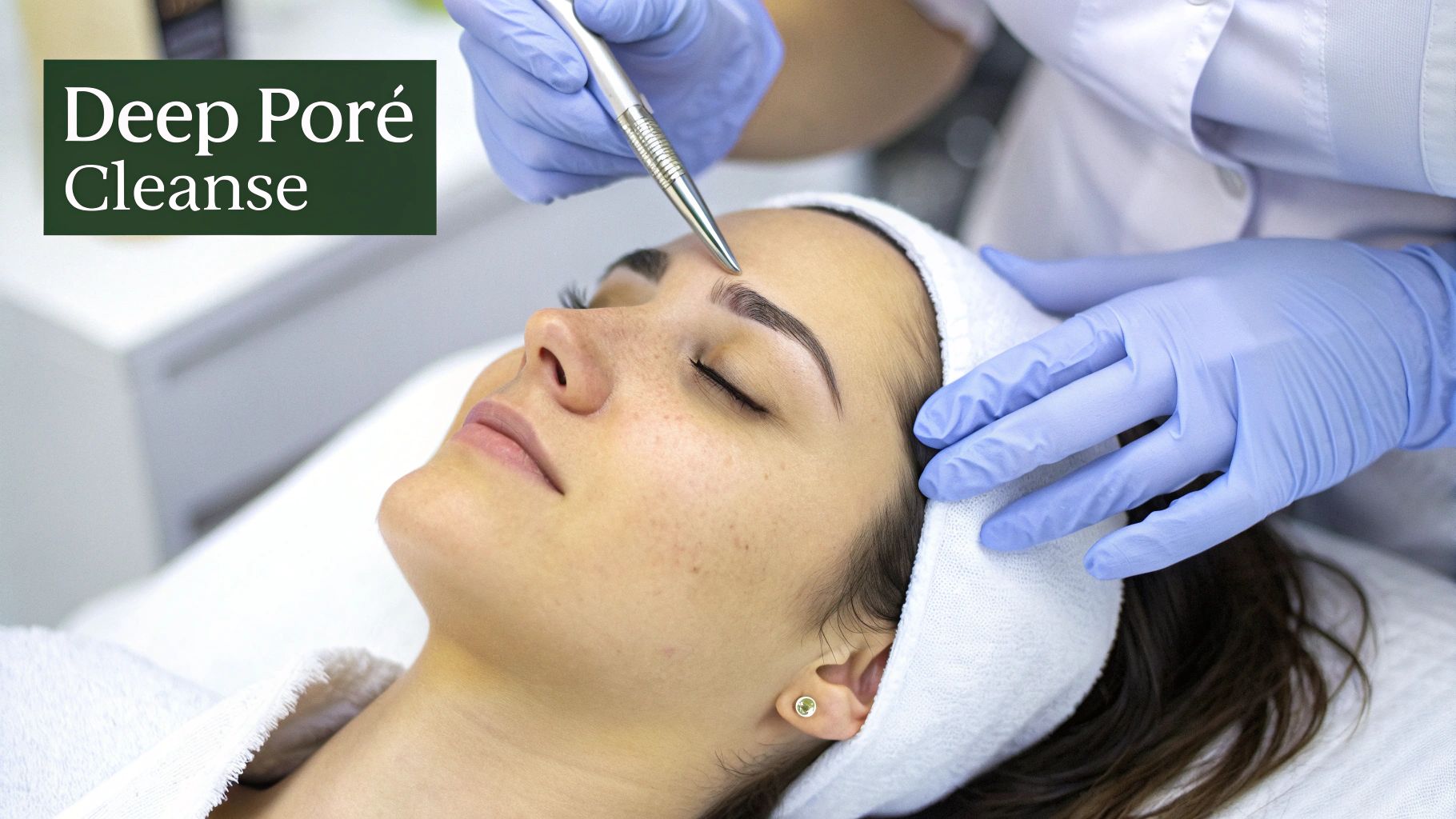 A close-up shot of a client&#39;s face receiving a gentle cleansing treatment from an esthetician.