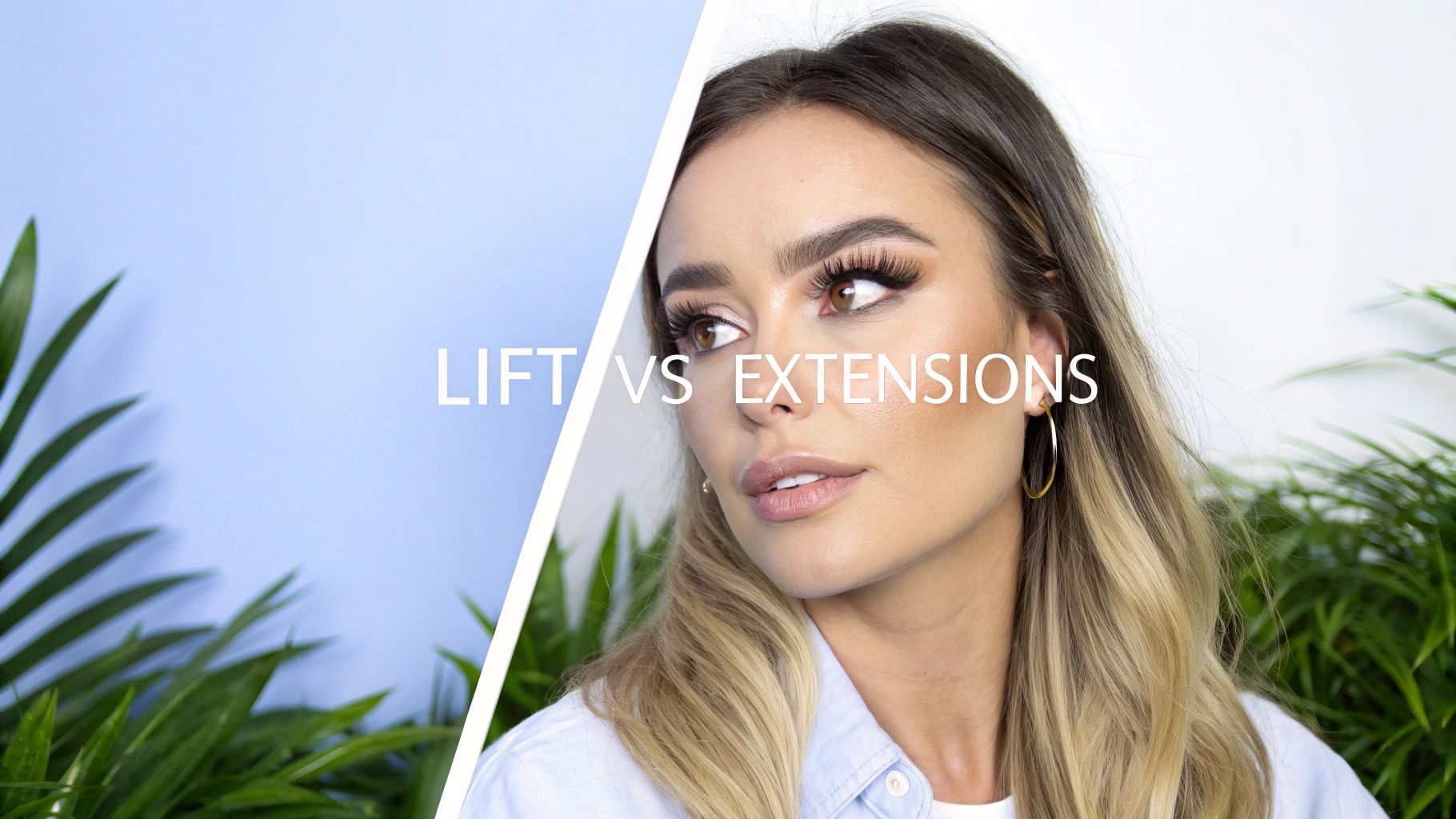 Two women's eyes side-by-side, one with a natural lash lift and tint and the other with dramatic lash extensions.