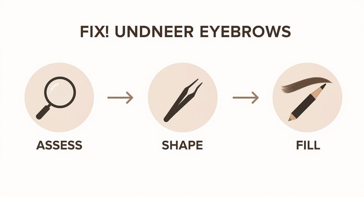 A three-step visual guide showing how to fix uneven eyebrows: assess, shape, and fill.