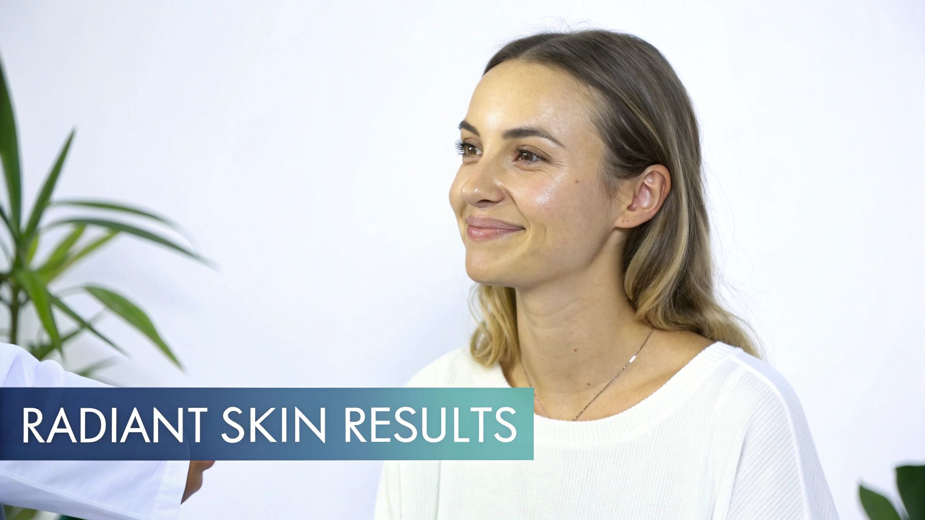 A client with glowing skin smiling peacefully after a facial treatment.