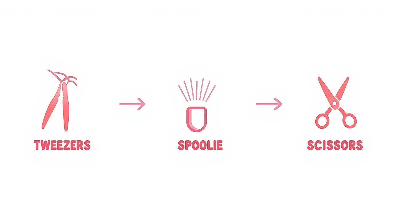 Infographic showing essential brow tools: Tweezers, Spoolie, and Scissors, in a simple pink and white design.