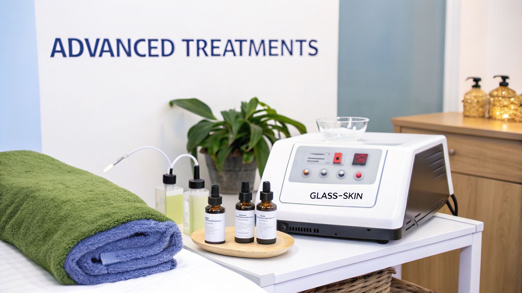 A clean skincare treatment room featuring a 'GLASS-SKIN' machine, various products, and a rolled towel, ready for advanced treatments.