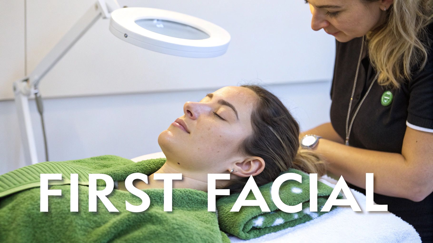 Esthetician gently applying product to a client&#39;s face in a serene beauty studio.